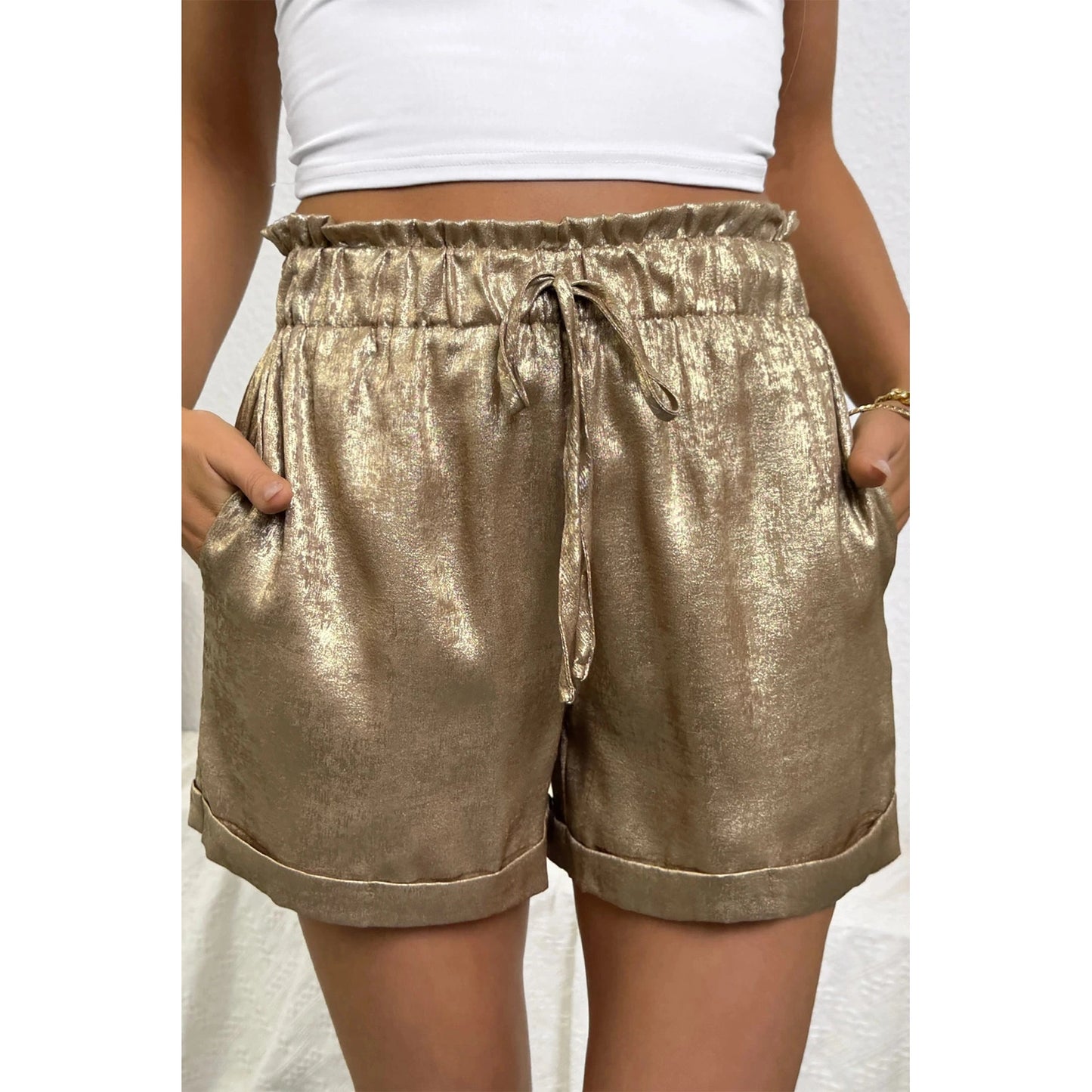 SALE!!!  Alexa Gold Metallic Luster Tie Elastic Waist Cuffed Hem Shorts