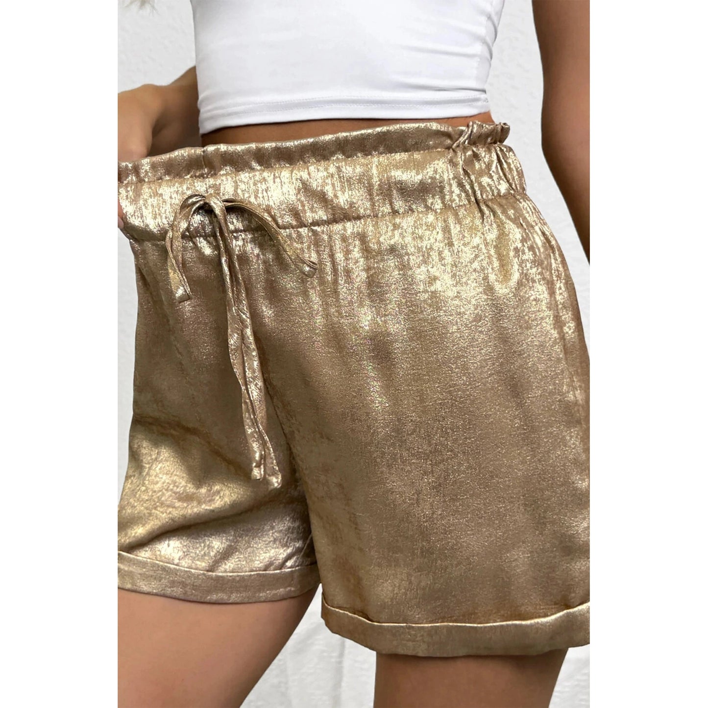 SALE!!!  Alexa Gold Metallic Luster Tie Elastic Waist Cuffed Hem Shorts