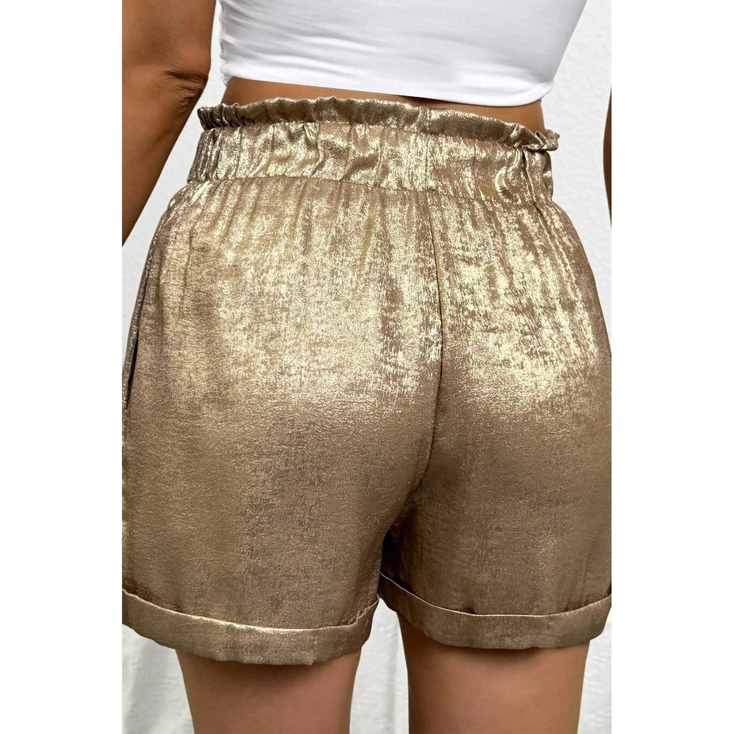 SALE!!!  Alexa Gold Metallic Luster Tie Elastic Waist Cuffed Hem Shorts