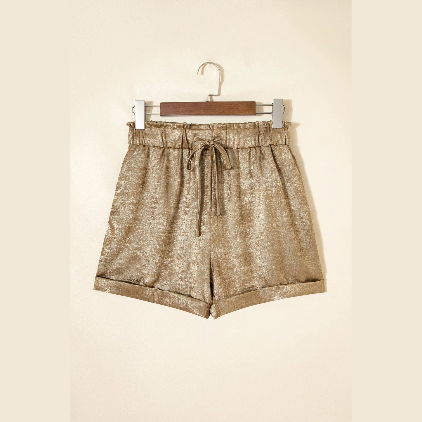 SALE!!!  Alexa Gold Metallic Luster Tie Elastic Waist Cuffed Hem Shorts
