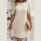 Alexee Beige Crinkle Lace Trim Puff Sleeve Shift Mini Dress