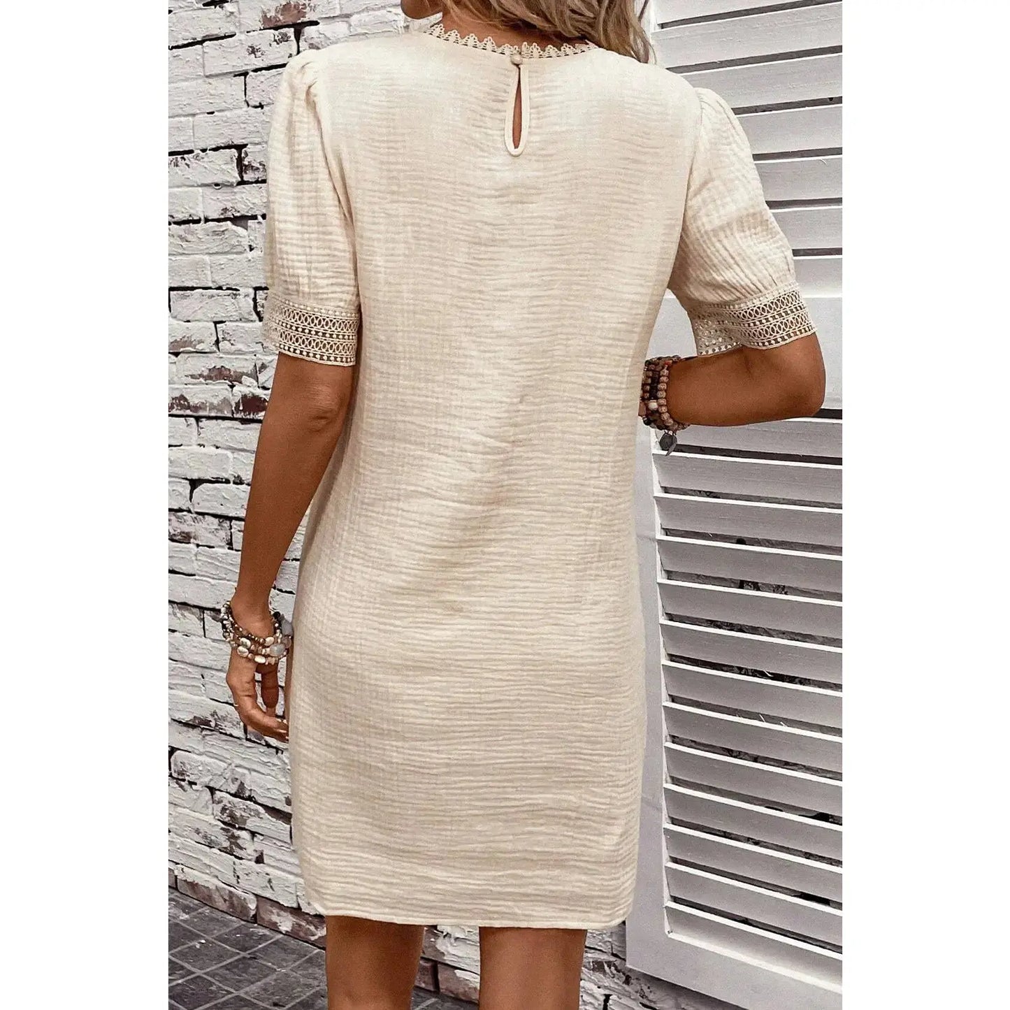 Alexee Beige Crinkle Lace Trim Puff Sleeve Shift Mini Dress