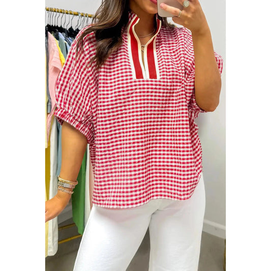 Alfie Red Plaid Short Sleeve Colorblock Trim Split Neck Blouse