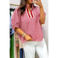 Alfie Red Plaid Short Sleeve Colorblock Trim Split Neck Blouse