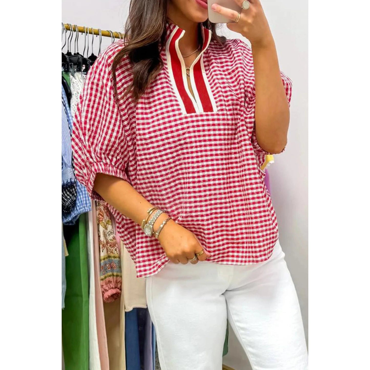 Alfie Red Plaid Short Sleeve Colorblock Trim Split Neck Blouse