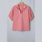 Alfie Red Plaid Short Sleeve Colorblock Trim Split Neck Blouse