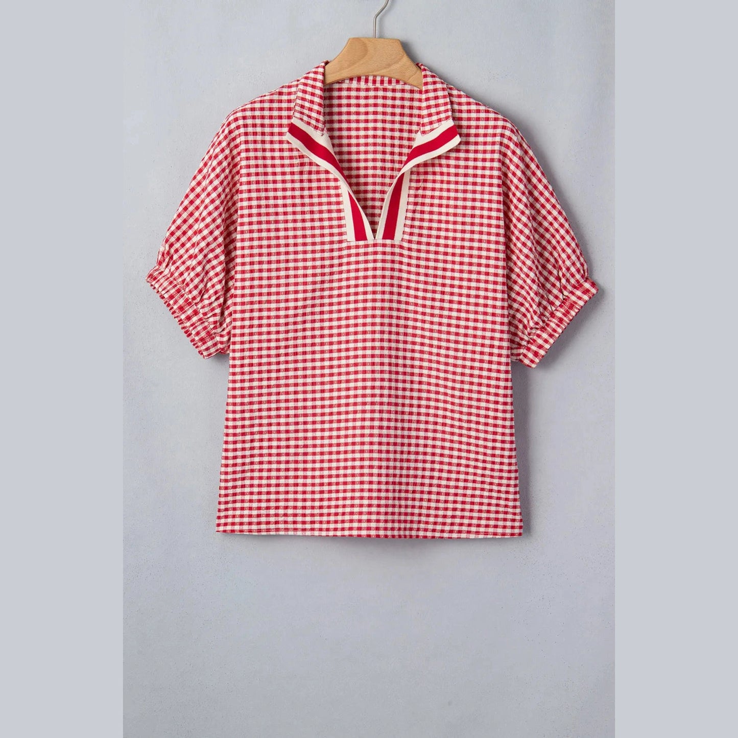 Alfie Red Plaid Short Sleeve Colorblock Trim Split Neck Blouse