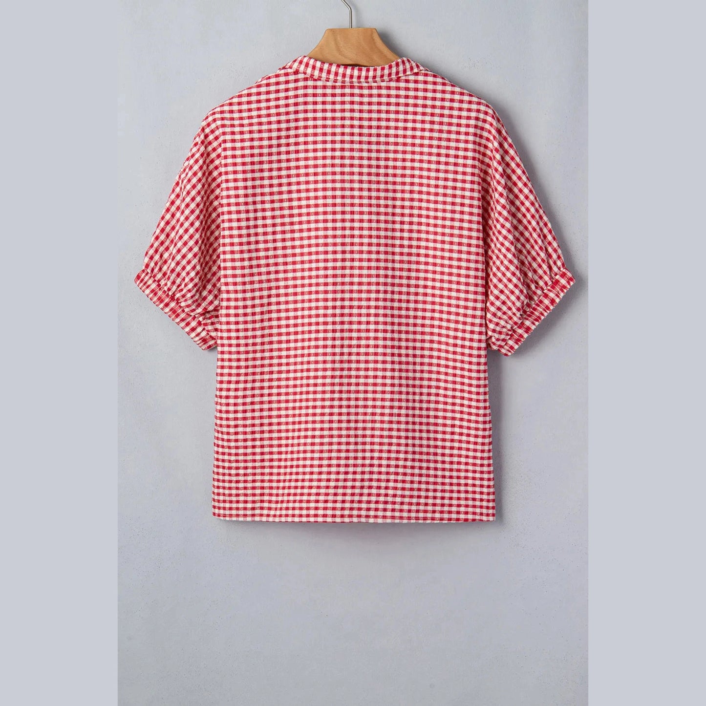 Alfie Red Plaid Short Sleeve Colorblock Trim Split Neck Blouse