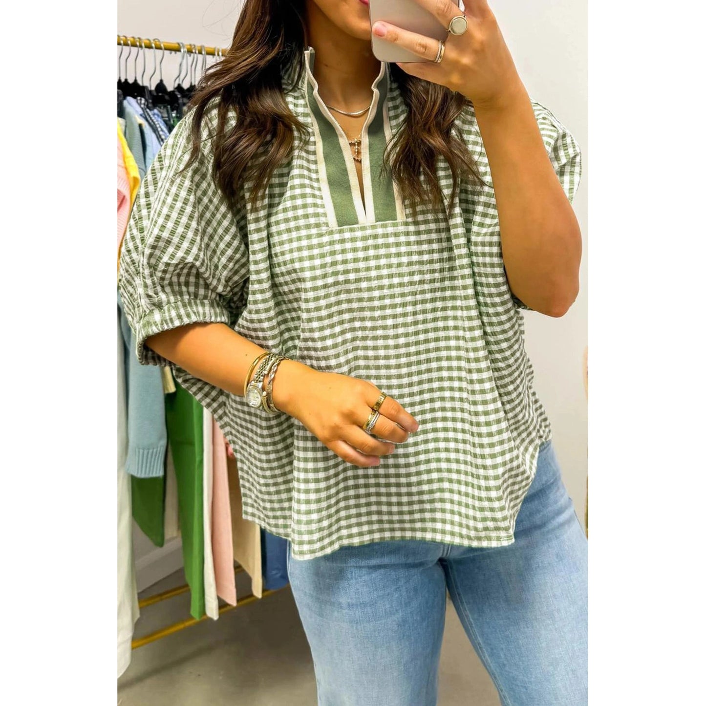 Alfie Green Plaid Short Sleeve Colorblock Trim Split Neck Blouse