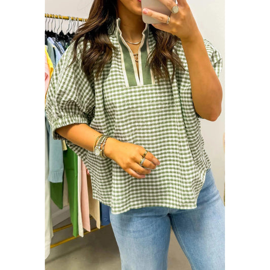 Alfie Green Plaid Short Sleeve Colorblock Trim Split Neck Blouse