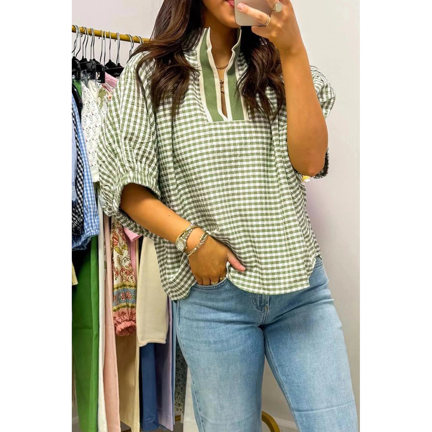 Alfie Green Plaid Short Sleeve Colorblock Trim Split Neck Blouse