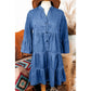 Aliza Sky Blue Chambray Ruffled 3/4 Sleeve Tiered Split V Neck Mini Dress