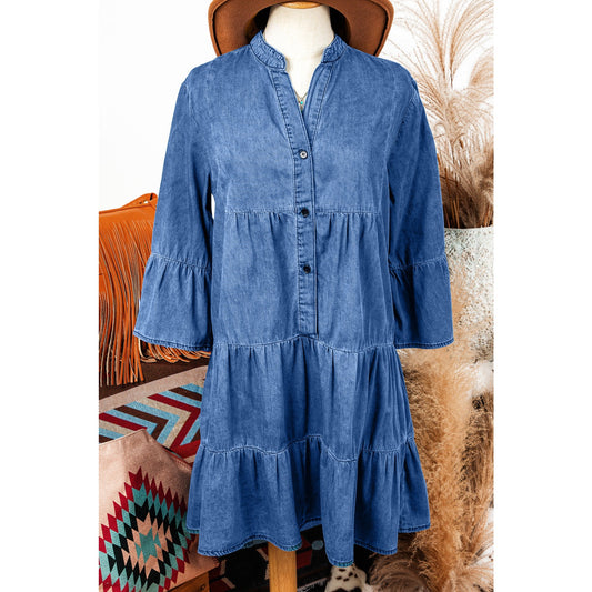 Aliza Sky Blue Chambray Ruffled 3/4 Sleeve Tiered Split V Neck Mini Dress