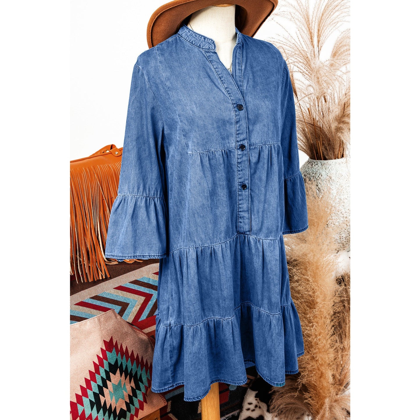 Aliza Sky Blue Chambray Ruffled 3/4 Sleeve Tiered Split V Neck Mini Dress