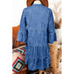 Aliza Sky Blue Chambray Ruffled 3/4 Sleeve Tiered Split V Neck Mini Dress