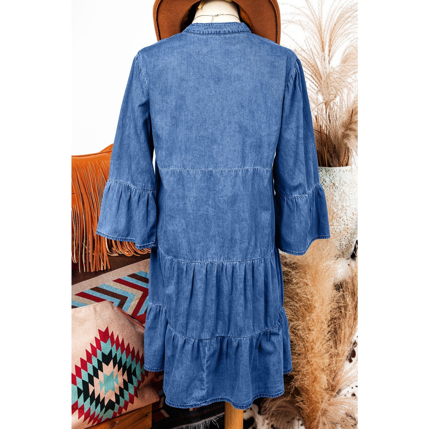 Aliza Sky Blue Chambray Ruffled 3/4 Sleeve Tiered Split V Neck Mini Dress