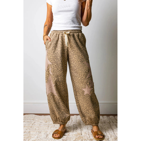 Allison Khaki Leopard Print Star Patched Drawstring Elastic Waist Jogger Pants