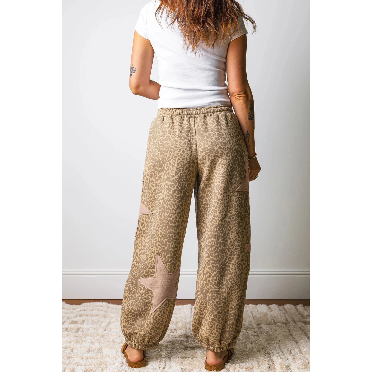 Allison Khaki Leopard Print Star Patched Drawstring Elastic Waist Jogger Pants