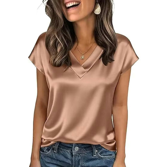 Allona Brown City‑Chic Satin V‑Neck Tee