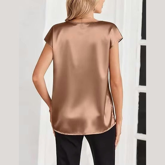 Allona Brown City‑Chic Satin V‑Neck Tee