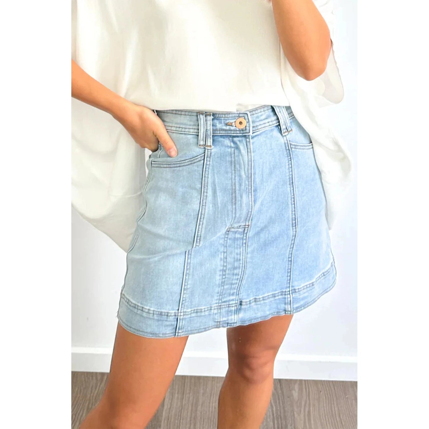 Ally Beau Blue Exposed Seam Detail A-line Denim Mini Skirt with Pockets