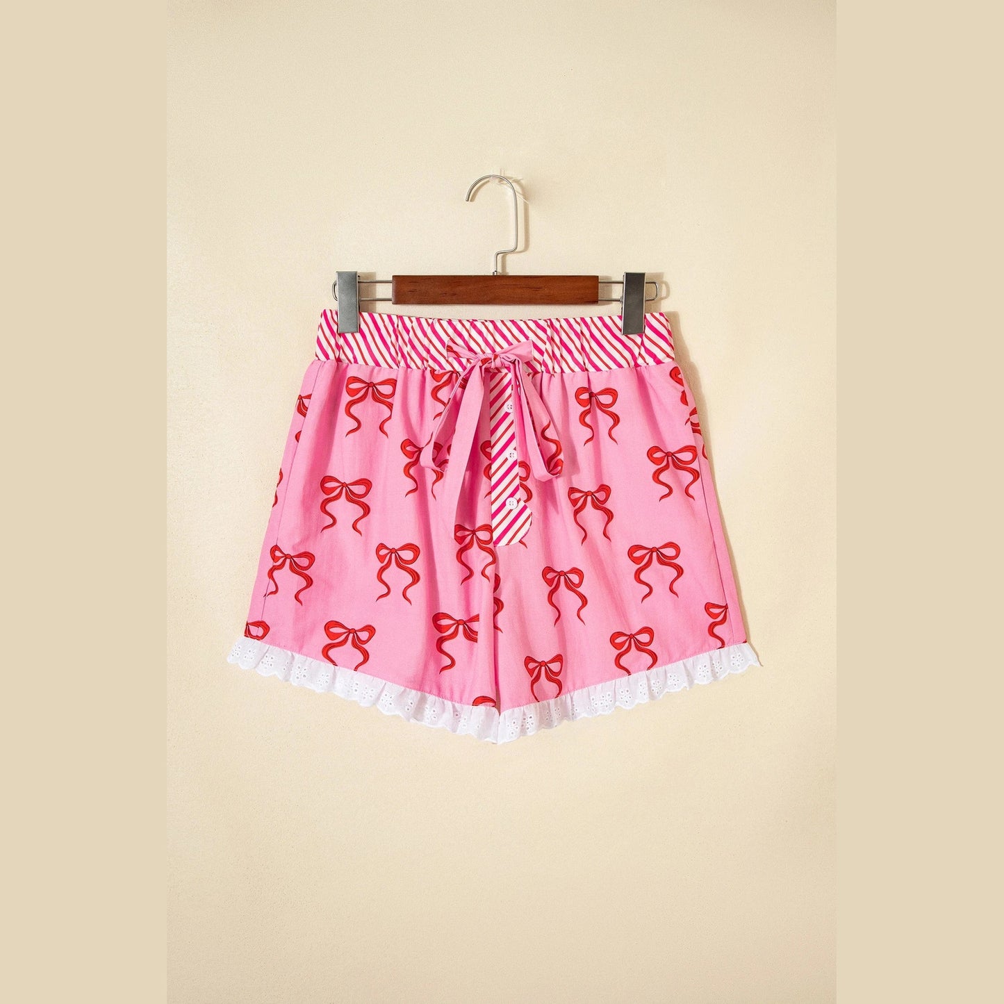 Alyx Pink Bow Print Striped Patchwork Elastic Waist Lace Trim Loose Shorts