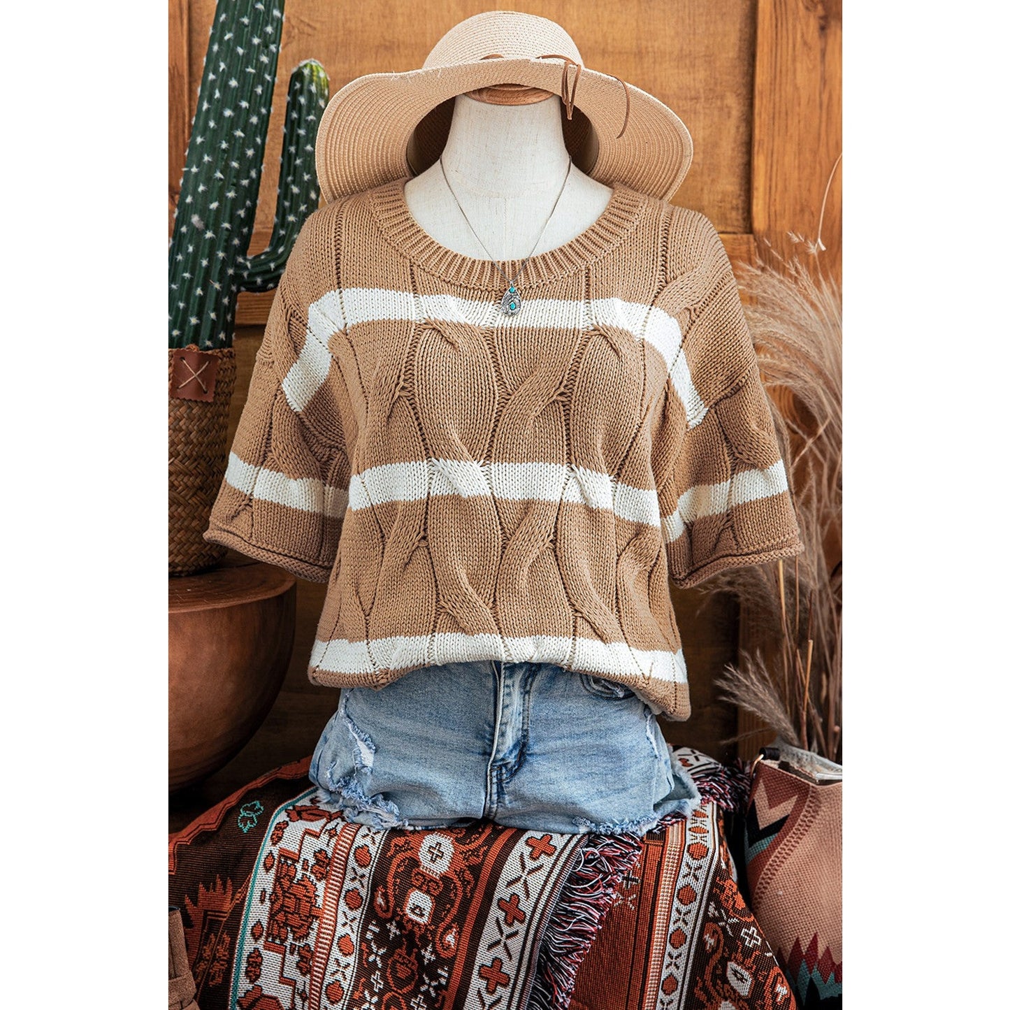 Amaya Dark Khaki Striped Cable Short Sleeve Sweater