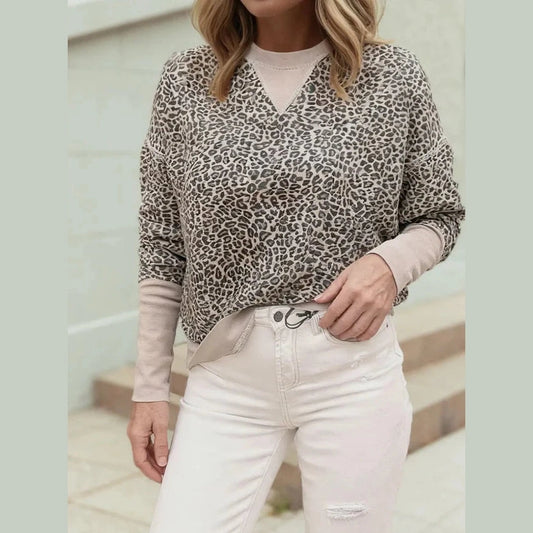 Amelia Khaki Leopard Print Patchwork Crew Neck Sweatshirt