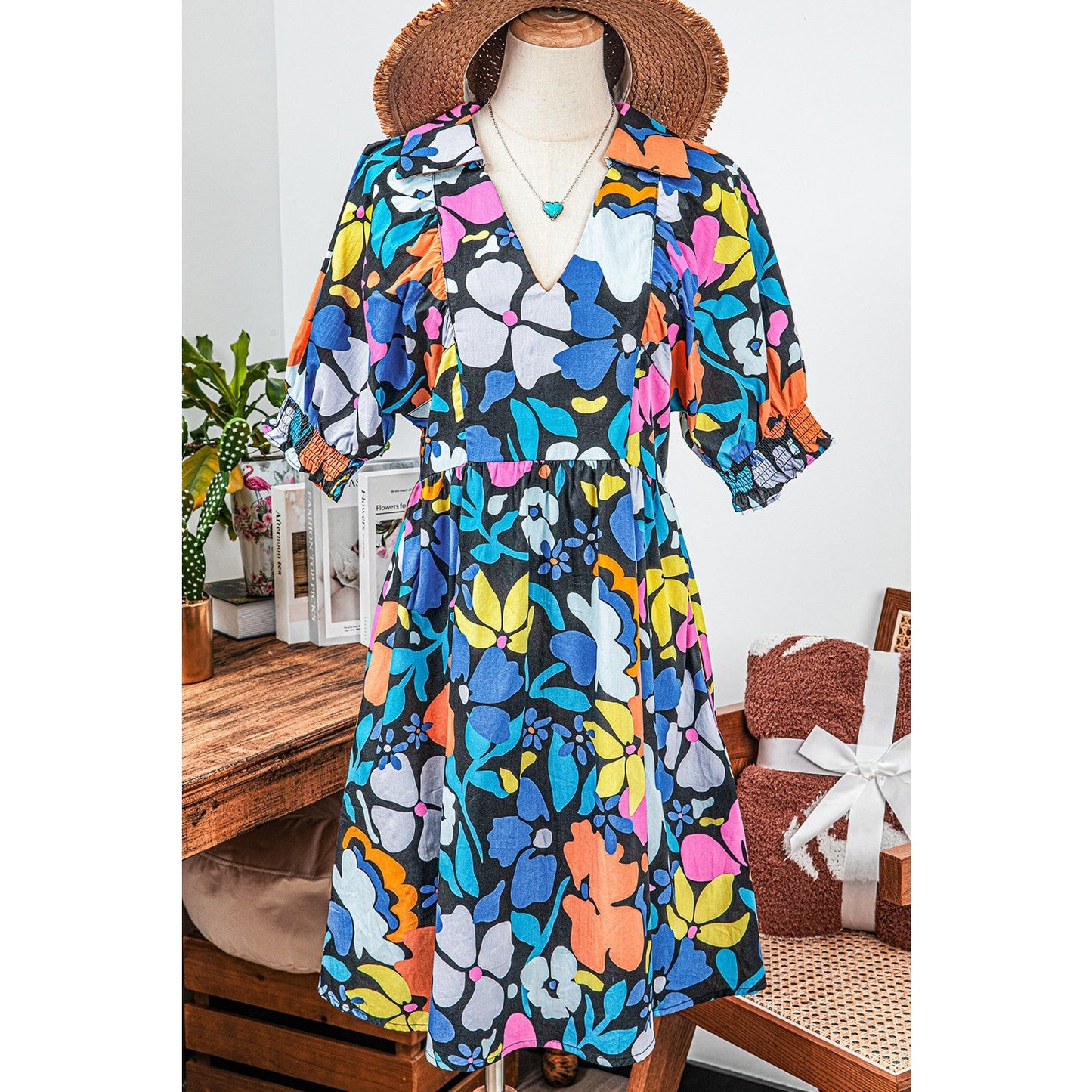 Amia Blue Collared Split Neck Floral Flared Dress