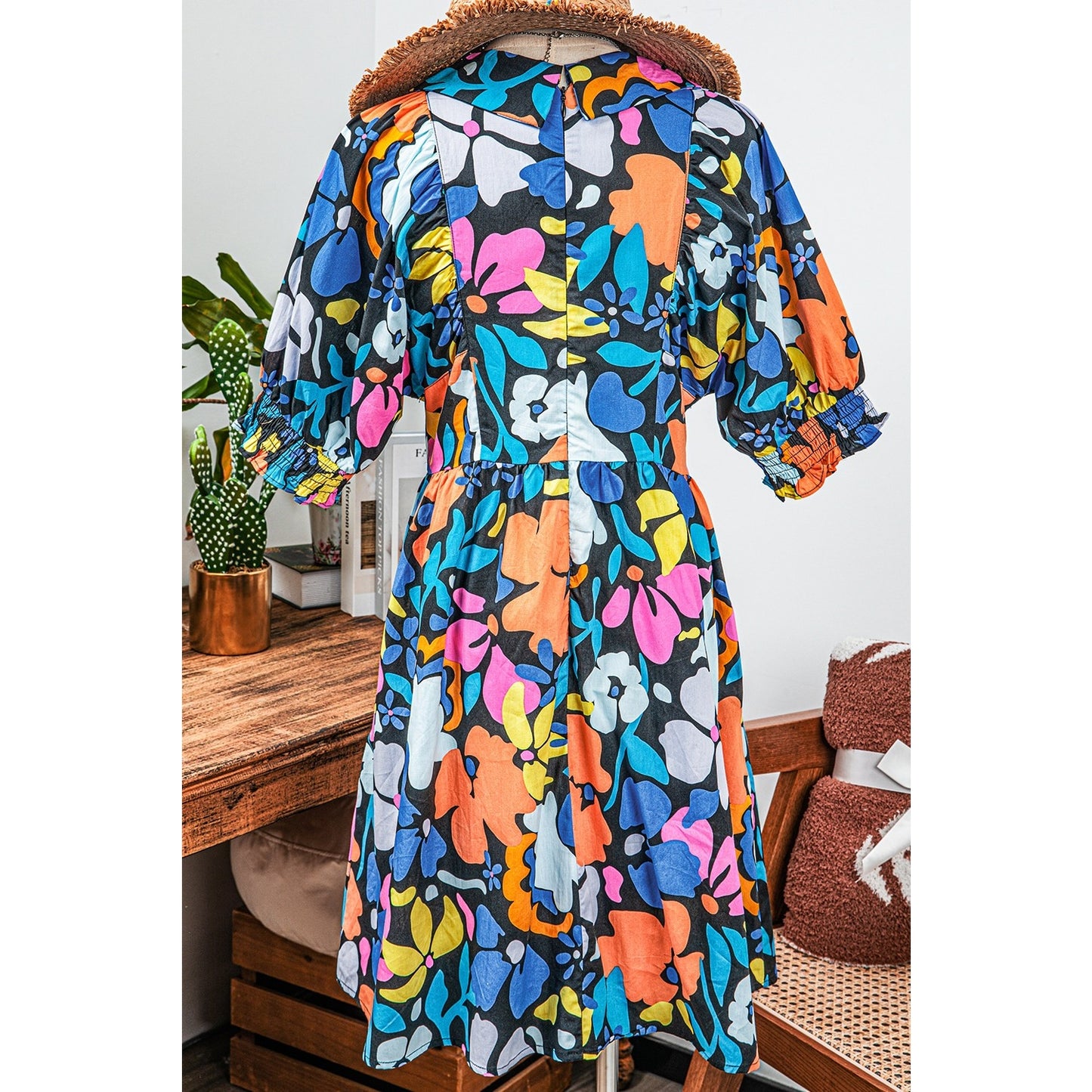 Amia Blue Collared Split Neck Floral Flared Dress