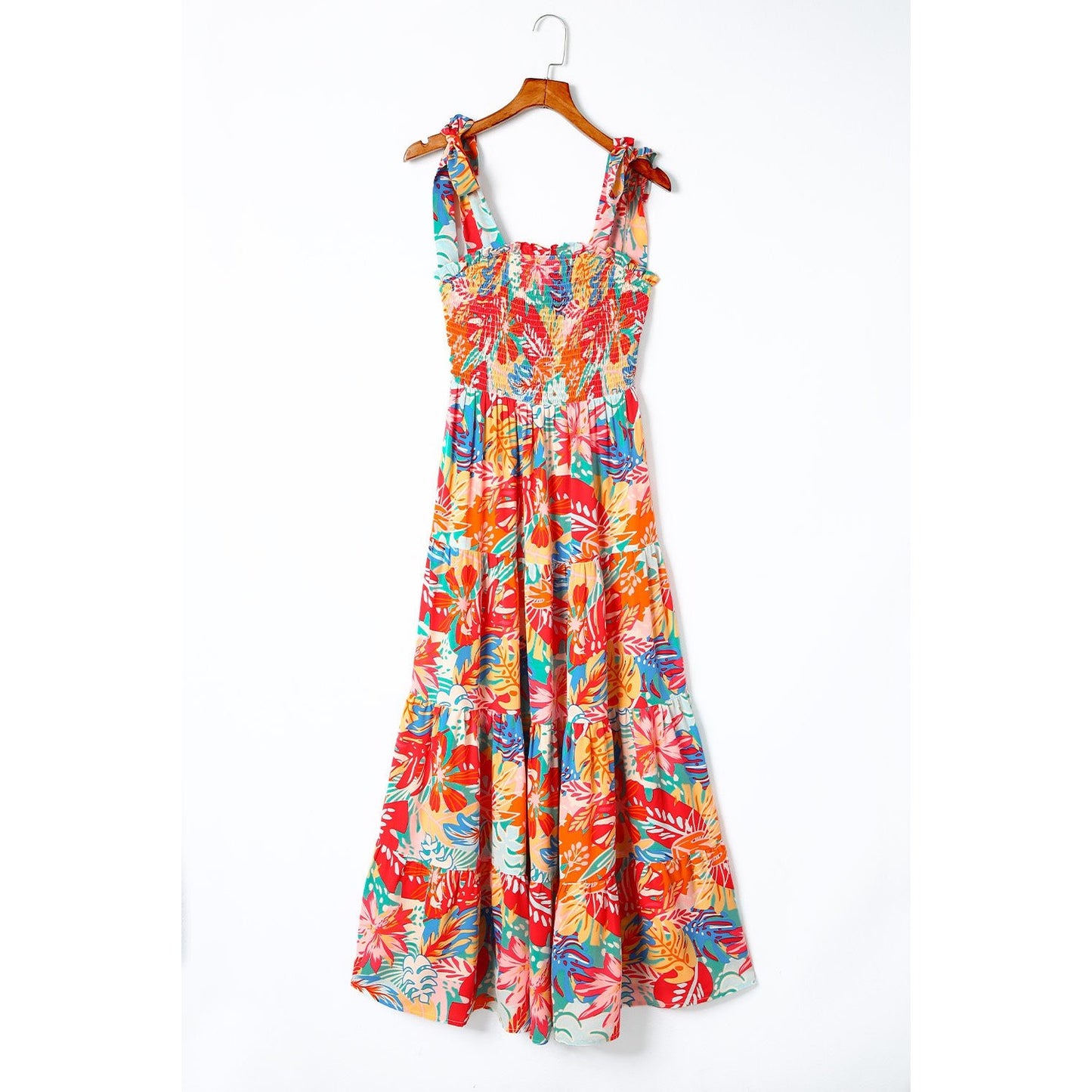 Amie Multicolor Vibrant Tropical Print Smocked Ruffle Tiered Maxi Dress