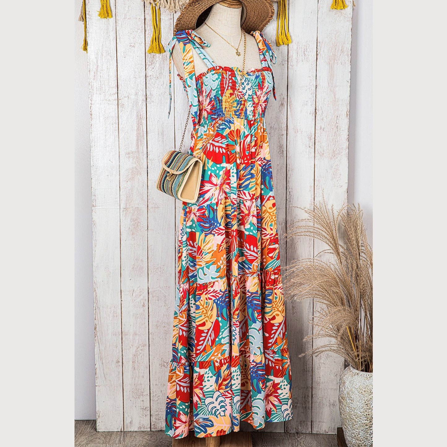 Amie Multicolor Vibrant Tropical Print Smocked Ruffle Tiered Maxi Dress