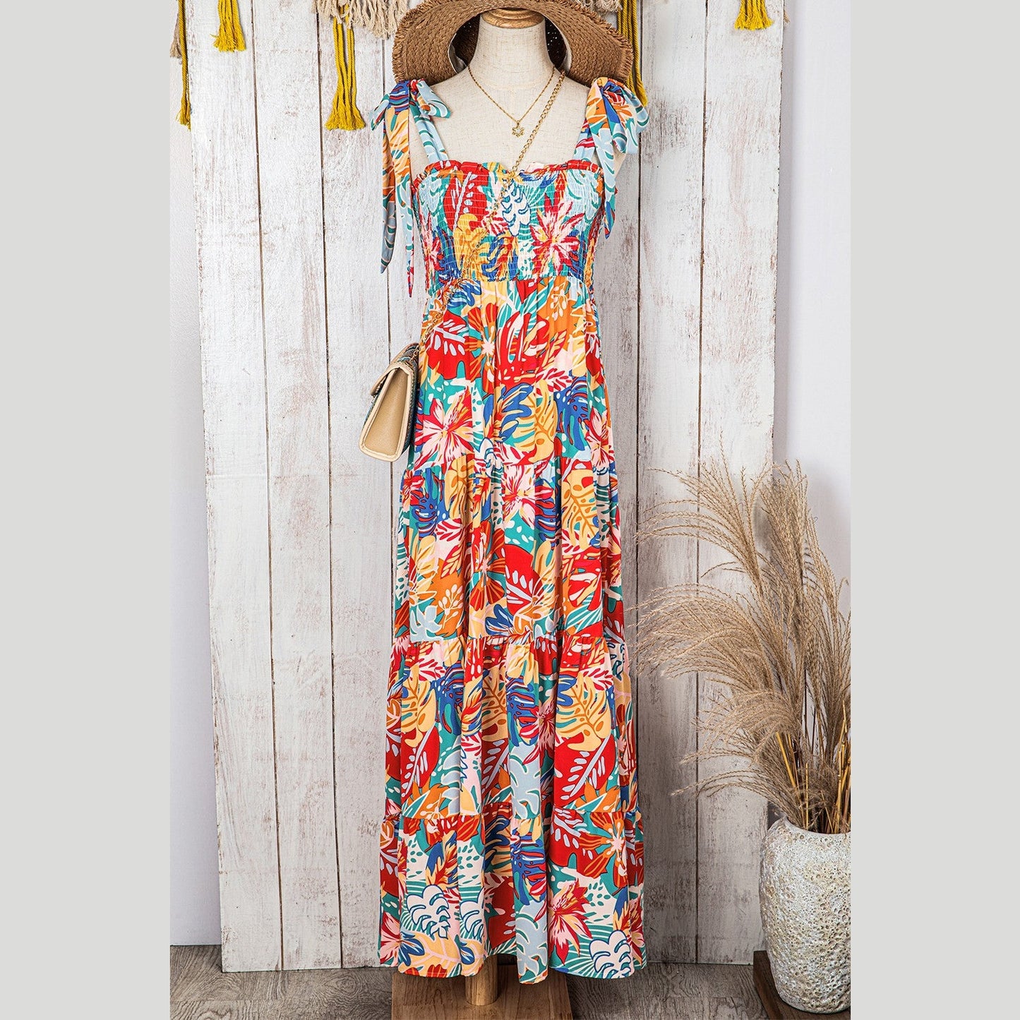 Amie Multicolor Vibrant Tropical Print Smocked Ruffle Tiered Maxi Dress