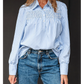 SALE!!!  Kadine Sky Blue Stripe Shirred Detail Half Placket Collared Long Sleeve Fall Shirt