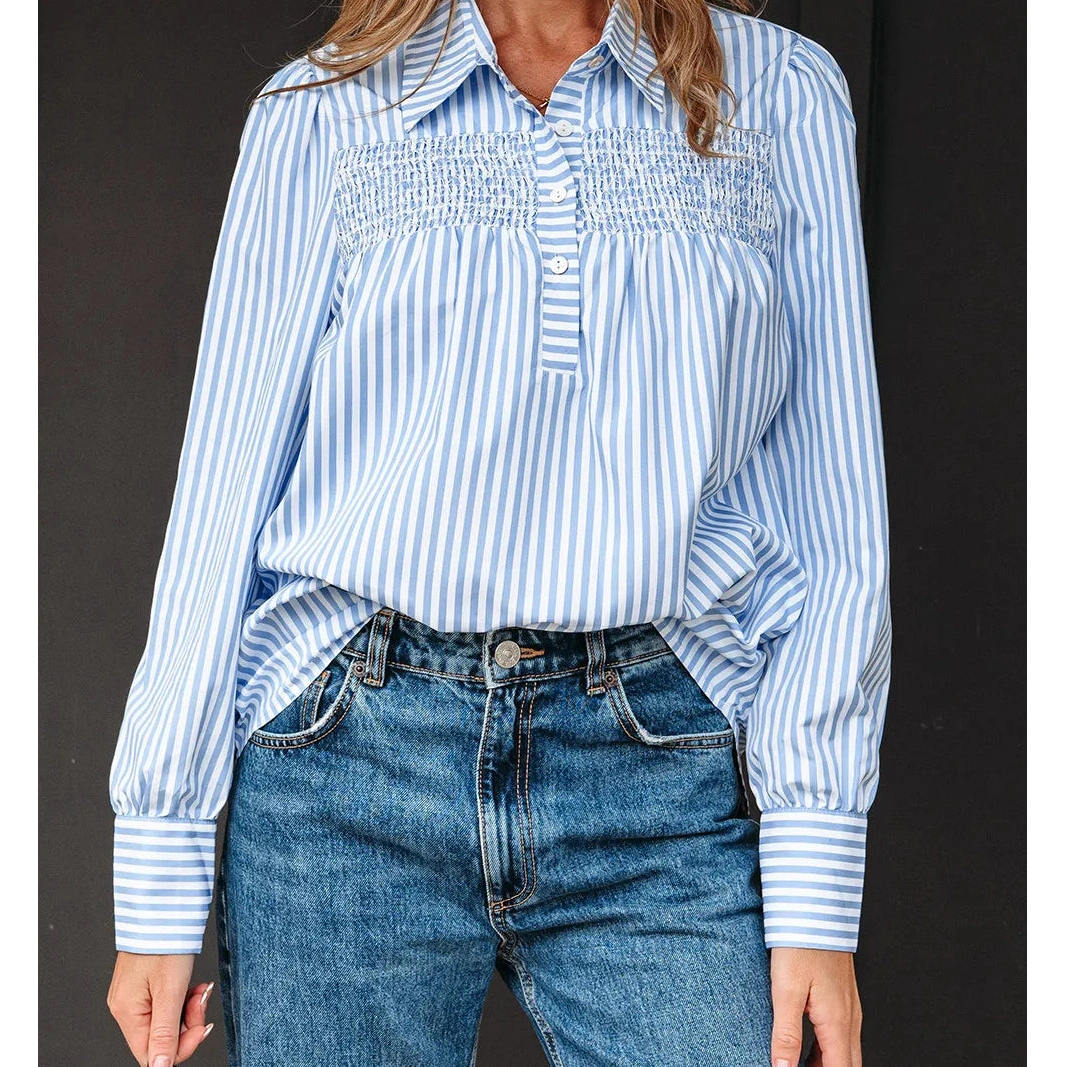 SALE!!!  Kadine Sky Blue Stripe Shirred Detail Half Placket Collared Long Sleeve Fall Shirt