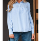 SALE!!!  Kadine Sky Blue Stripe Shirred Detail Half Placket Collared Long Sleeve Fall Shirt