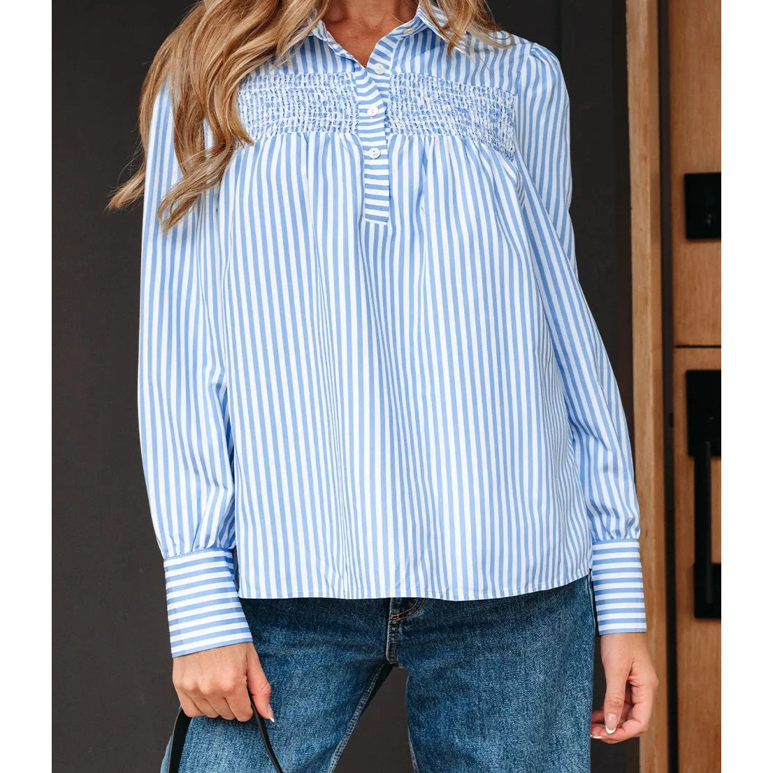 SALE!!!  Kadine Sky Blue Stripe Shirred Detail Half Placket Collared Long Sleeve Fall Shirt