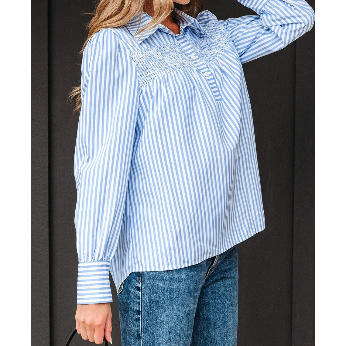 SALE!!!  Kadine Sky Blue Stripe Shirred Detail Half Placket Collared Long Sleeve Fall Shirt