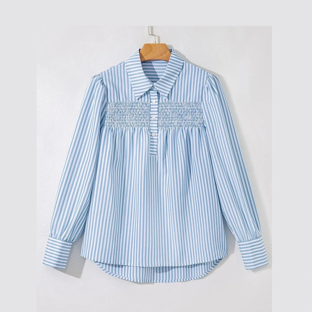 SALE!!!  Kadine Sky Blue Stripe Shirred Detail Half Placket Collared Long Sleeve Fall Shirt