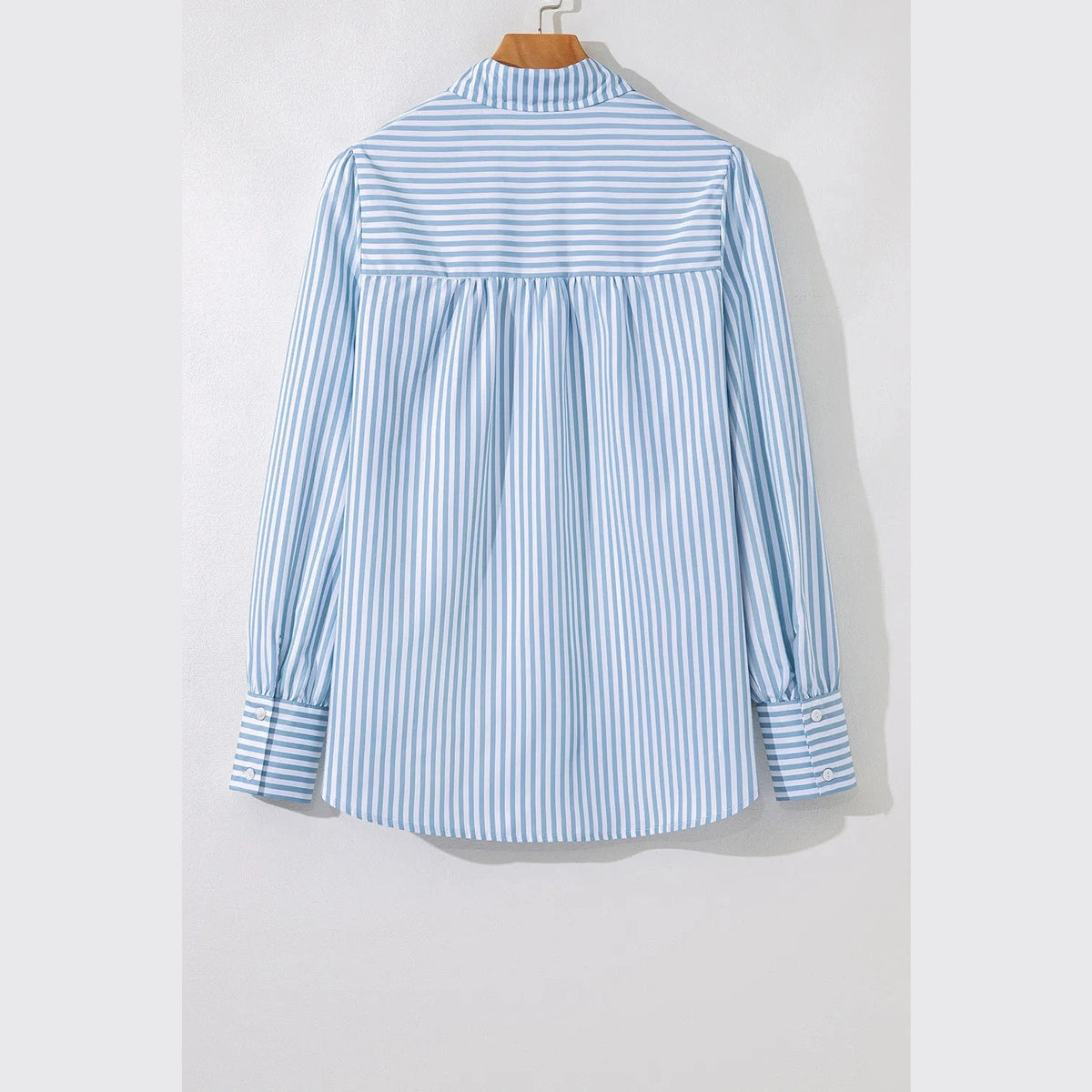 SALE!!!  Kadine Sky Blue Stripe Shirred Detail Half Placket Collared Long Sleeve Fall Shirt