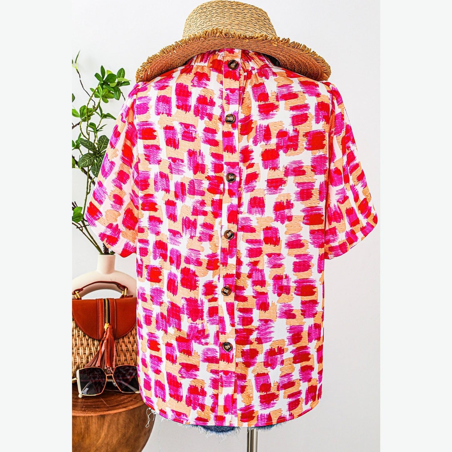 Amma Pink Abstract Print Button Back Ruffed High Neck Blouse