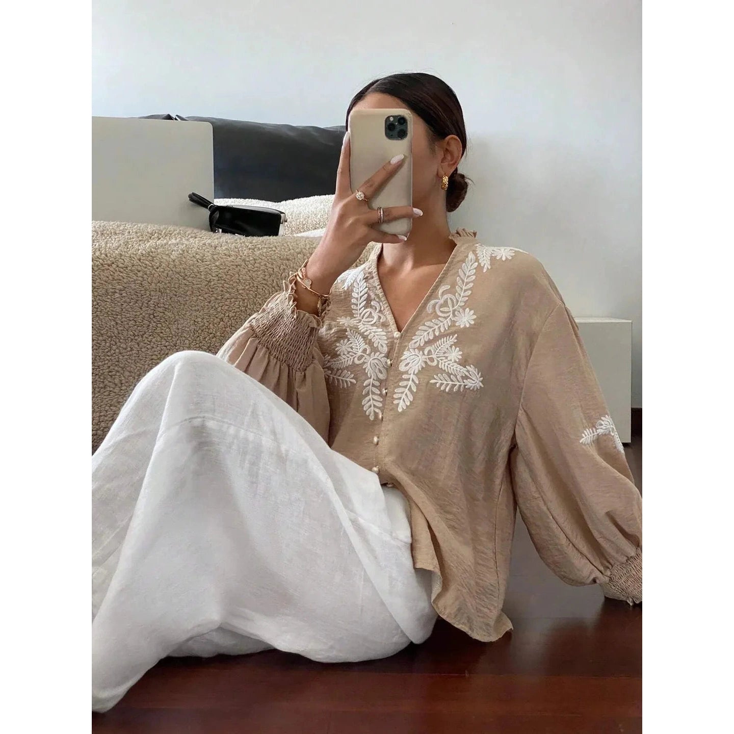 Amma Embroidered Lantern Sleeve Blouse