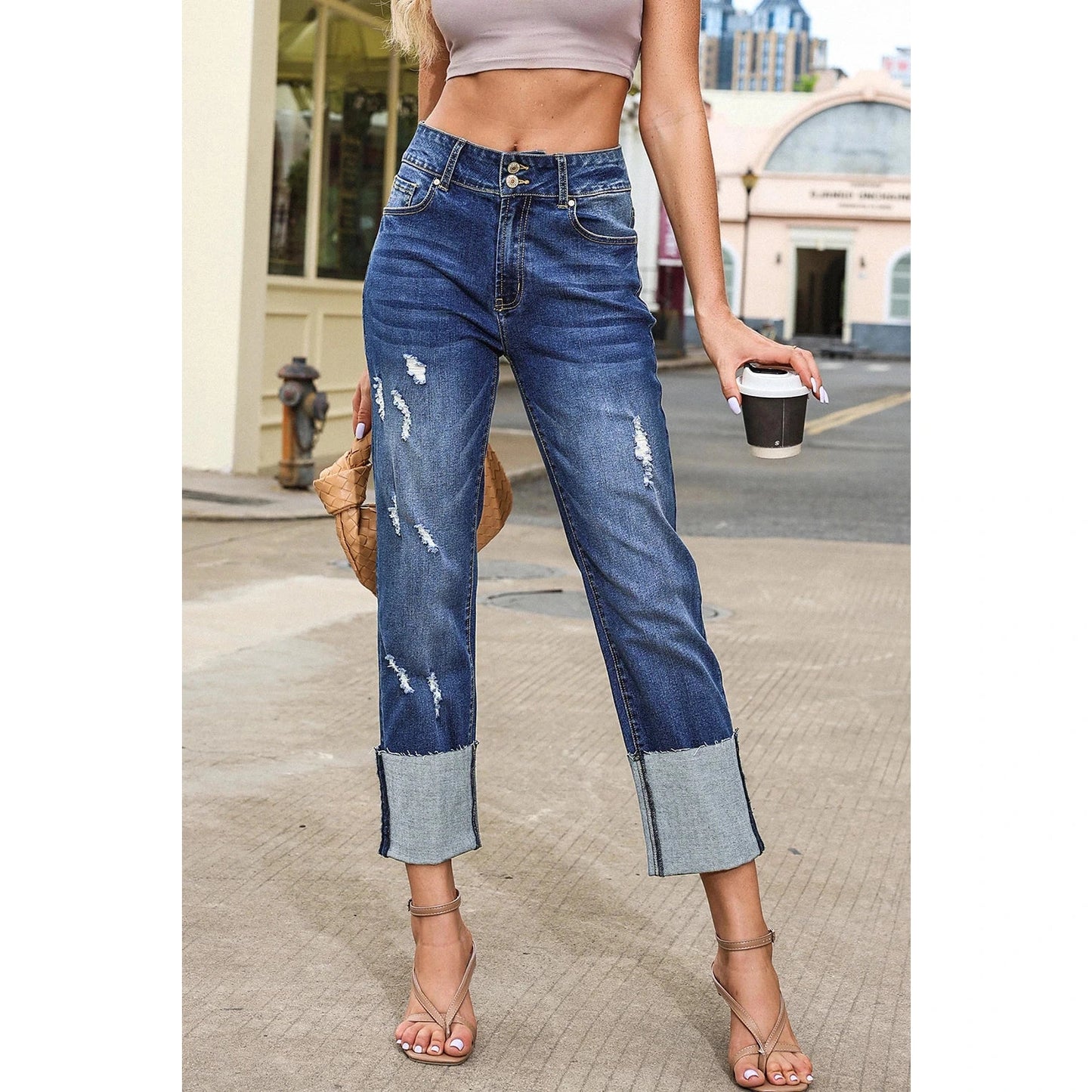 Ana Blue High Waist Distressed Straight Leg Jeans