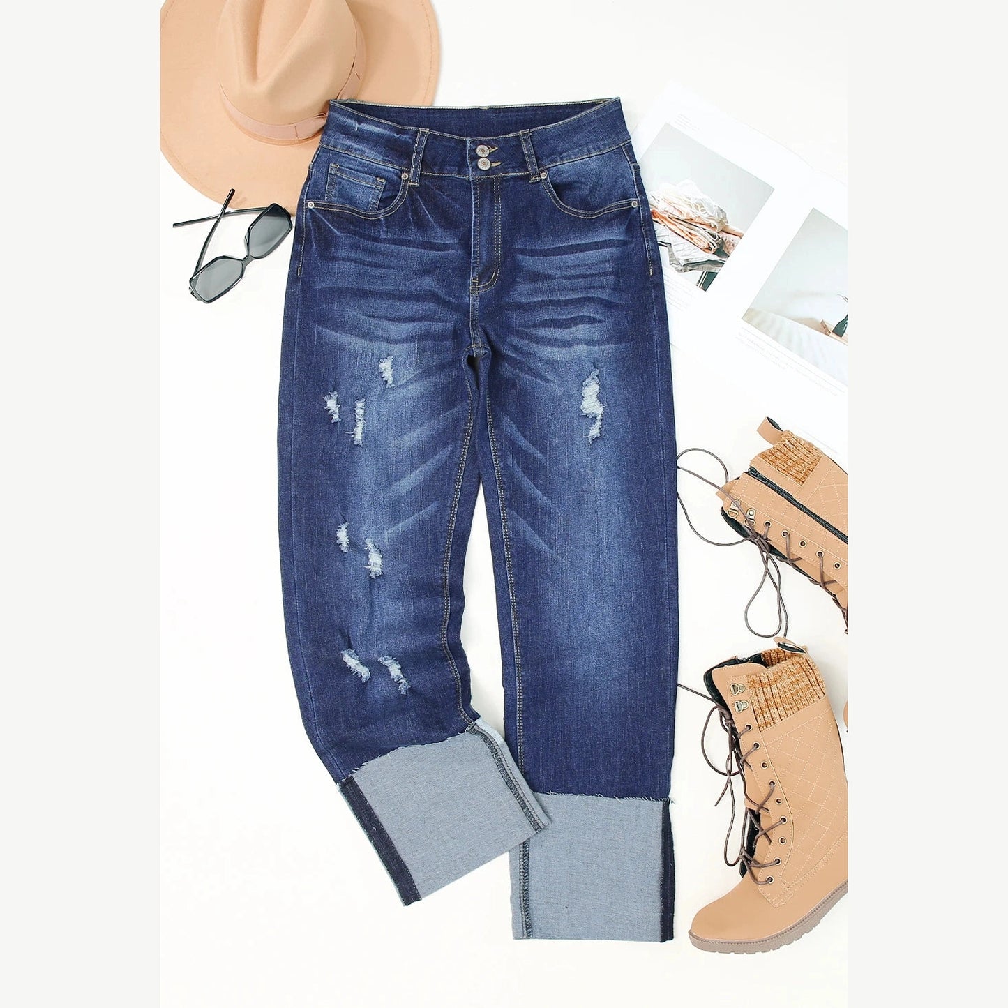 Ana Blue High Waist Distressed Straight Leg Jeans