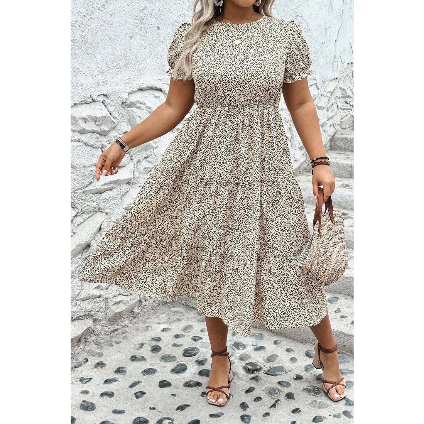 Anastasia Beige PLUS SIZE Leopard Print Frill Trim Short Sleeve Flared Dress