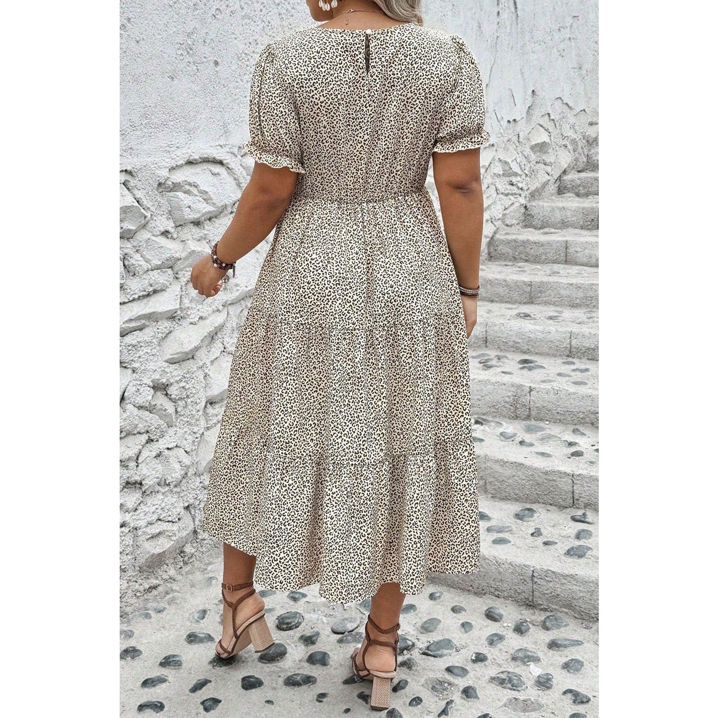 Anastasia Beige PLUS SIZE Leopard Print Frill Trim Short Sleeve Flared Dress