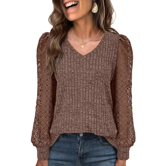 Andraya Brown V Neck Lace Long Sleeve Top
