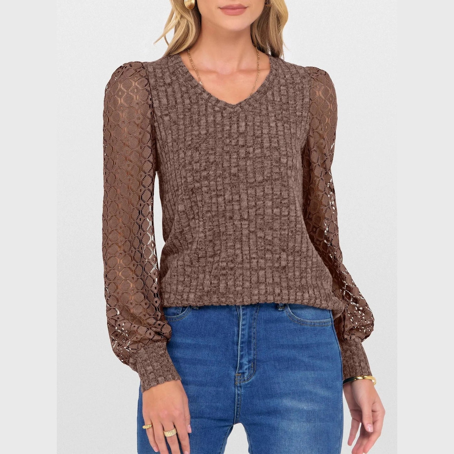 Andraya Brown V Neck Lace Long Sleeve Top