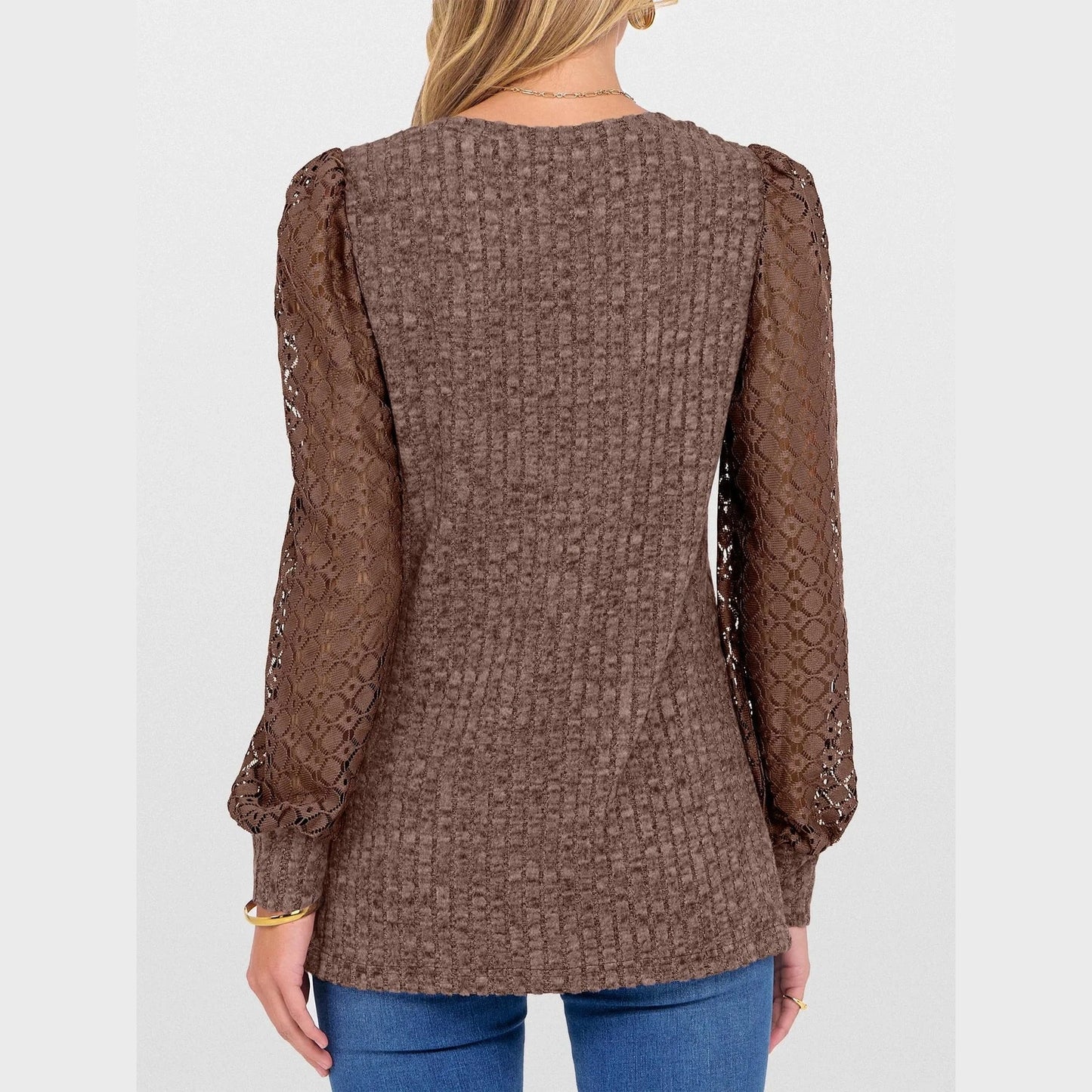 Andraya Brown V Neck Lace Long Sleeve Top