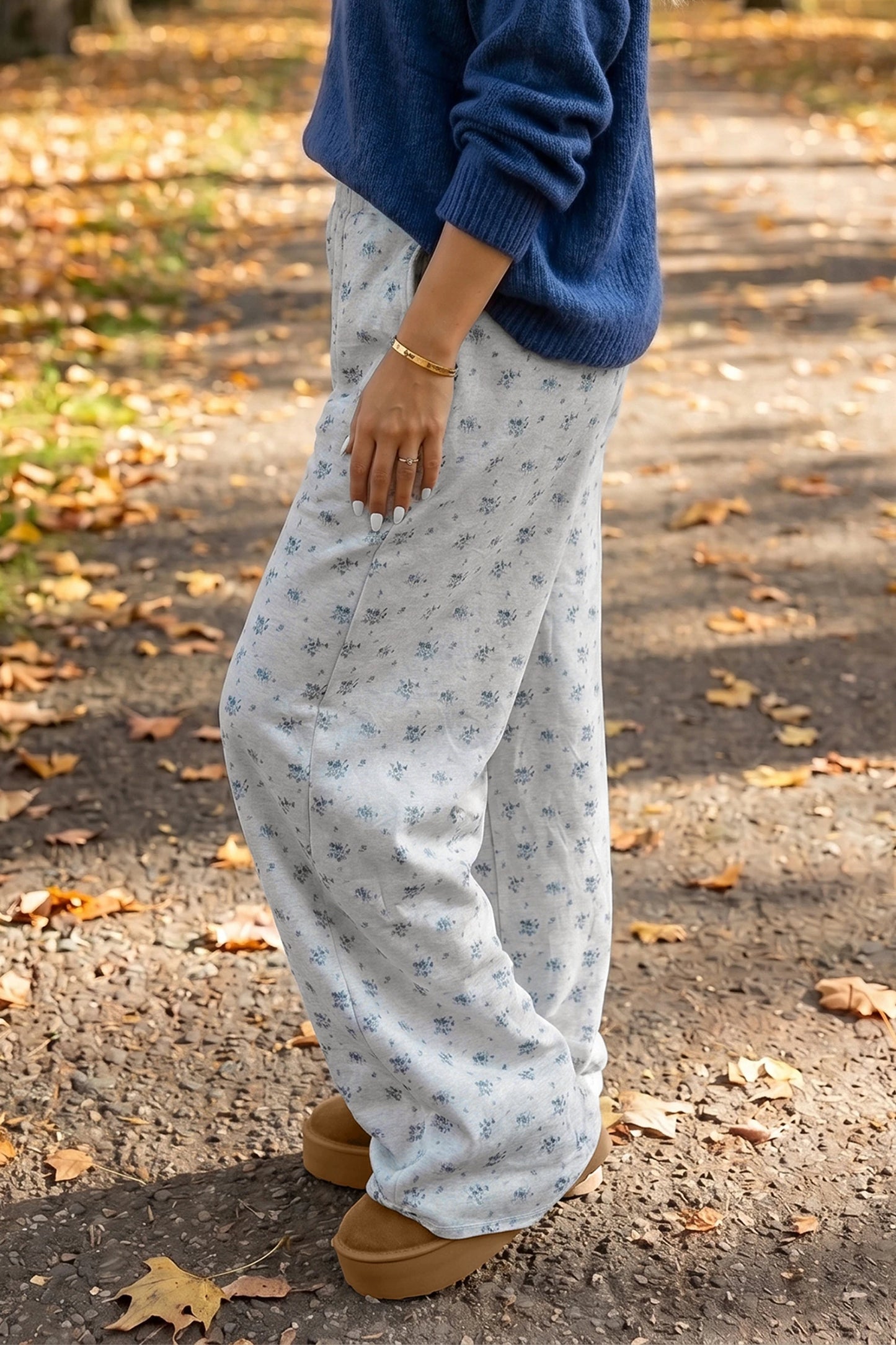 Andi Floral Print Elastic Waist Full Length Regular Pants
